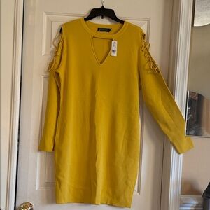 NY AND CO Mustard Long Sleeve Dress with Cut-Out Details